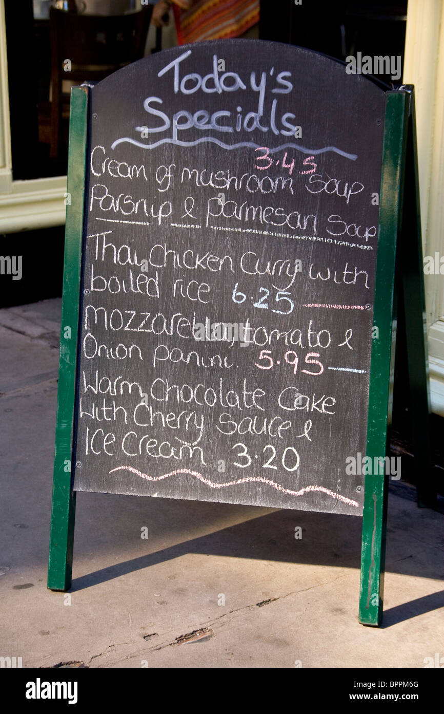 Street café advertising their special deals of the day on a chalkboard menu in Dundee,UK Stock Photo