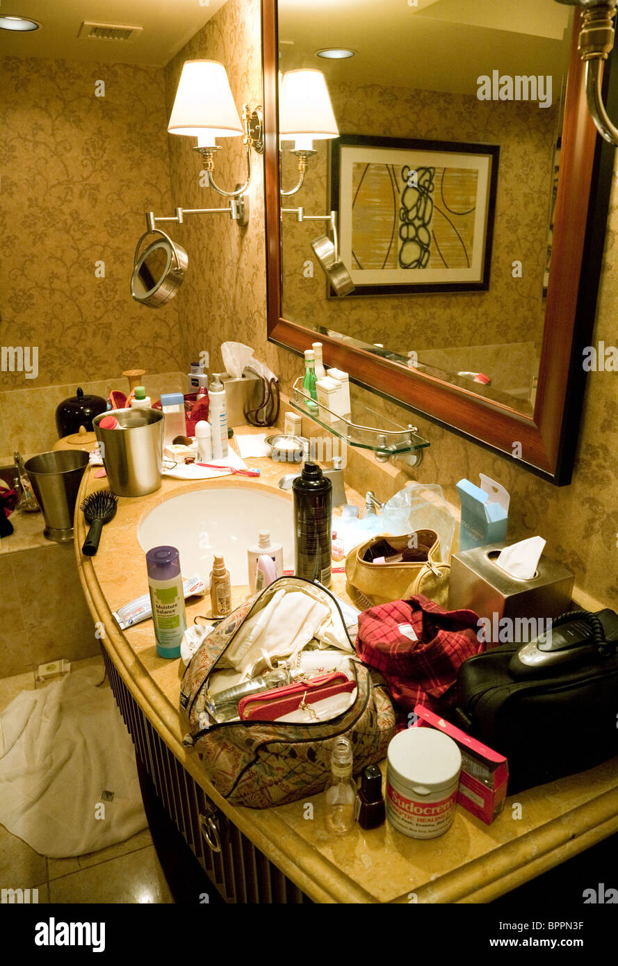 Very untidy hotel bathroom, the Bellagio Hotel, Las Vegas Nevada USA Stock Photo