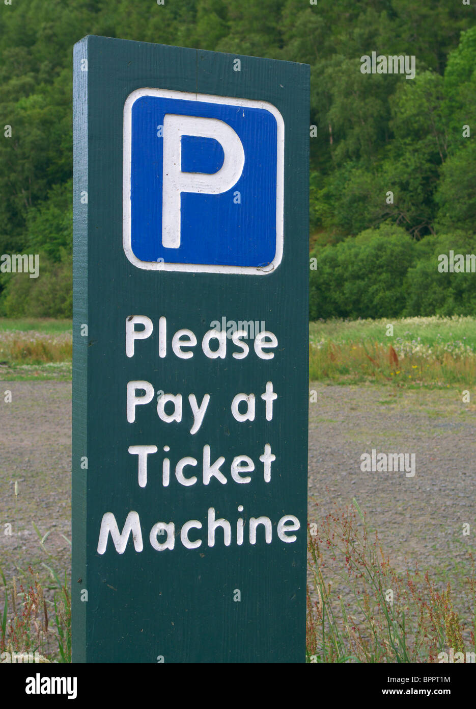 Pay and Display Reminder Sign at a Forestry Commission Carpark, Innerleithen Borders Scotland Stock Photo