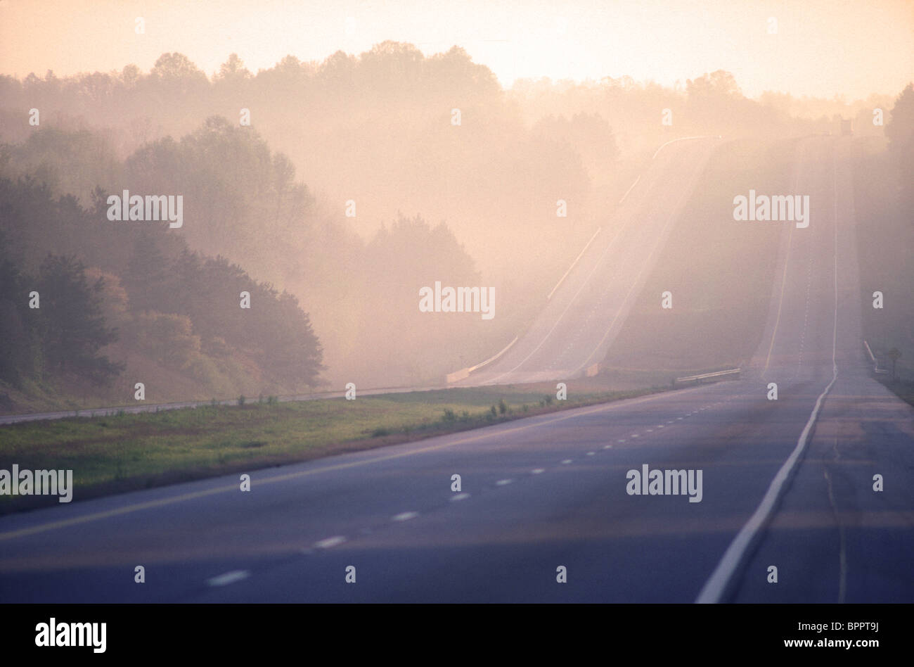 empty highway in fog Stock Photo