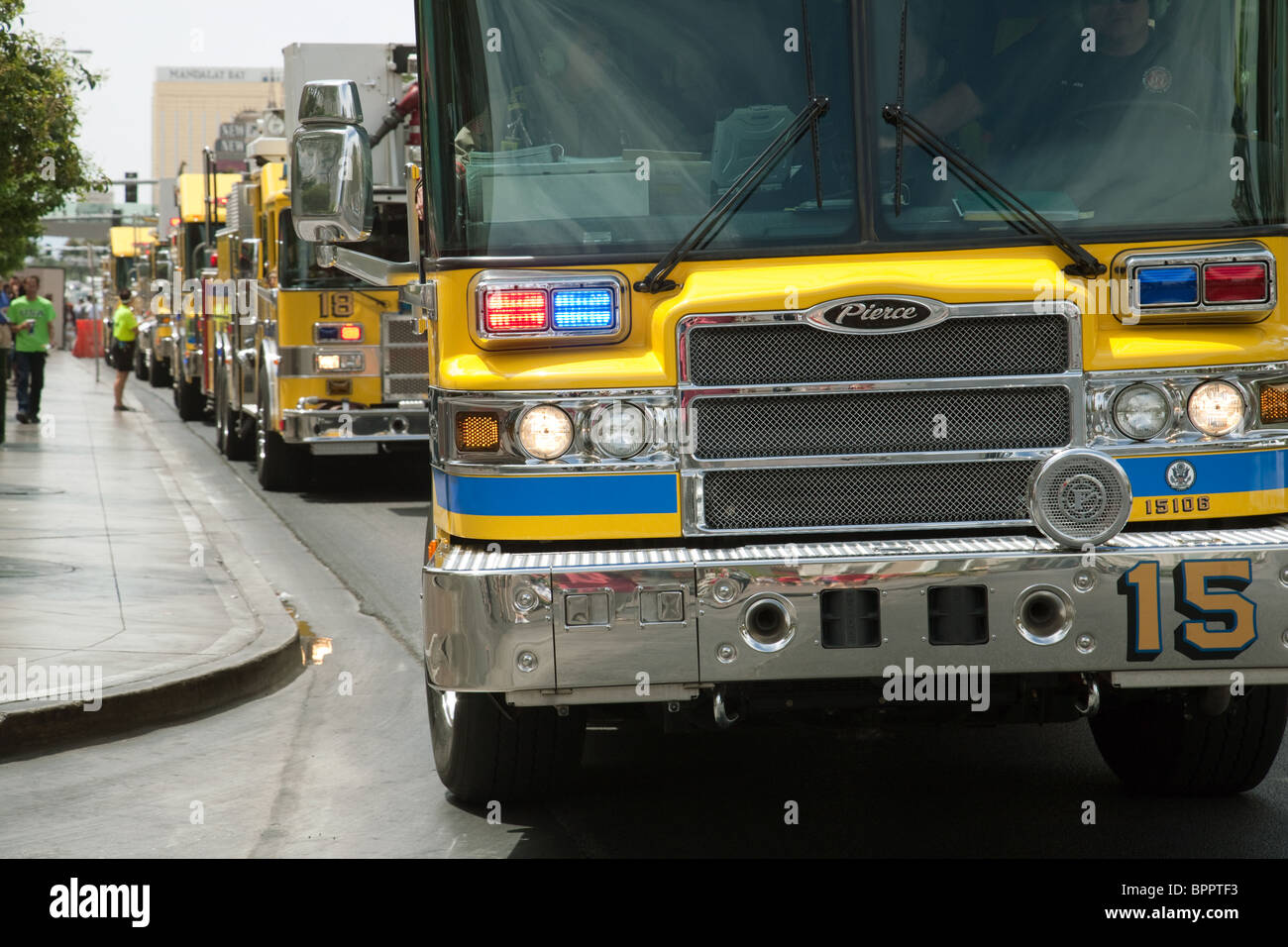 A row of Clark County firetrucks on the strip, Las Vegas Nevada USA Stock Photo