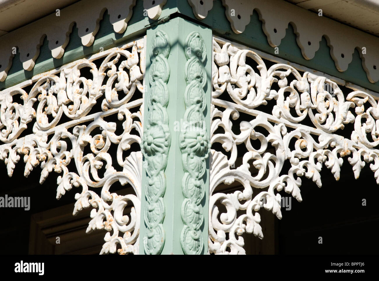 Victorian-era wrought iron lacework on cottages in Yarraville, Melbourne Stock Photo