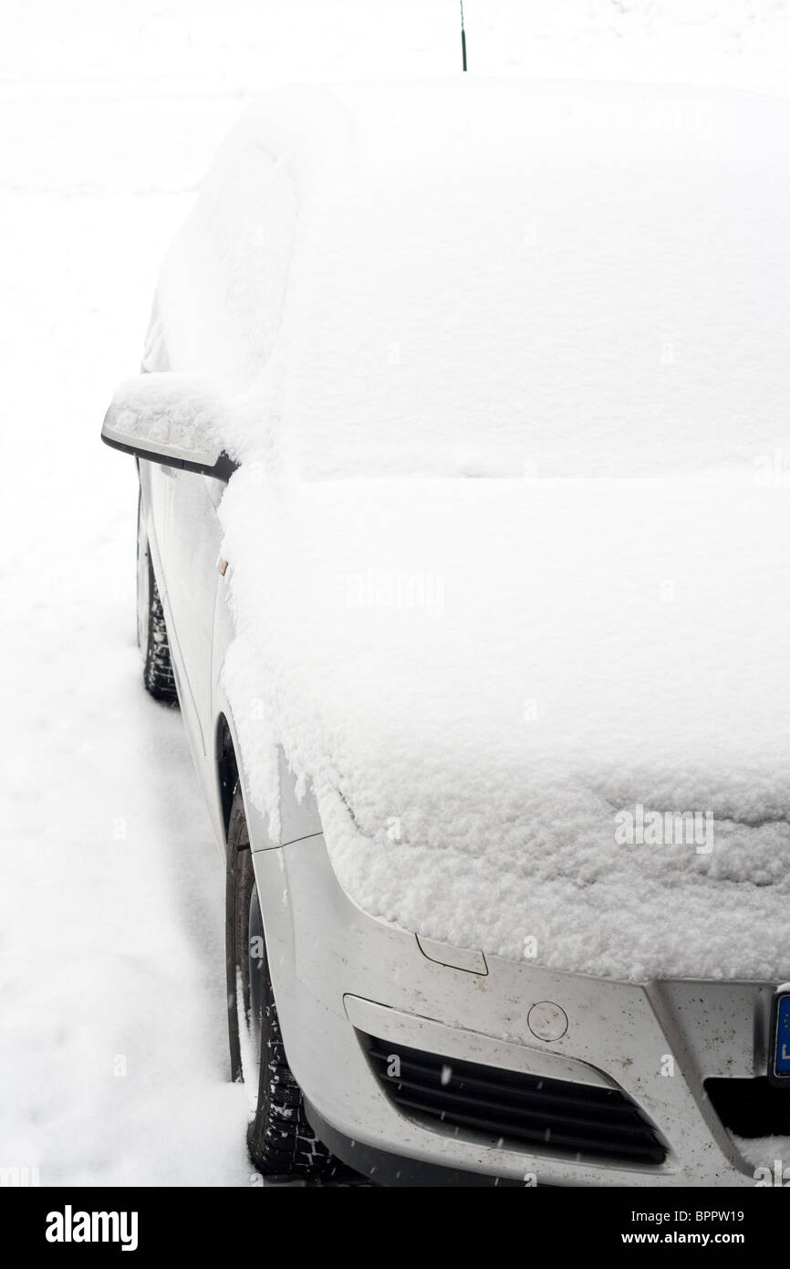 European car in a snowbank. Stock Photo
