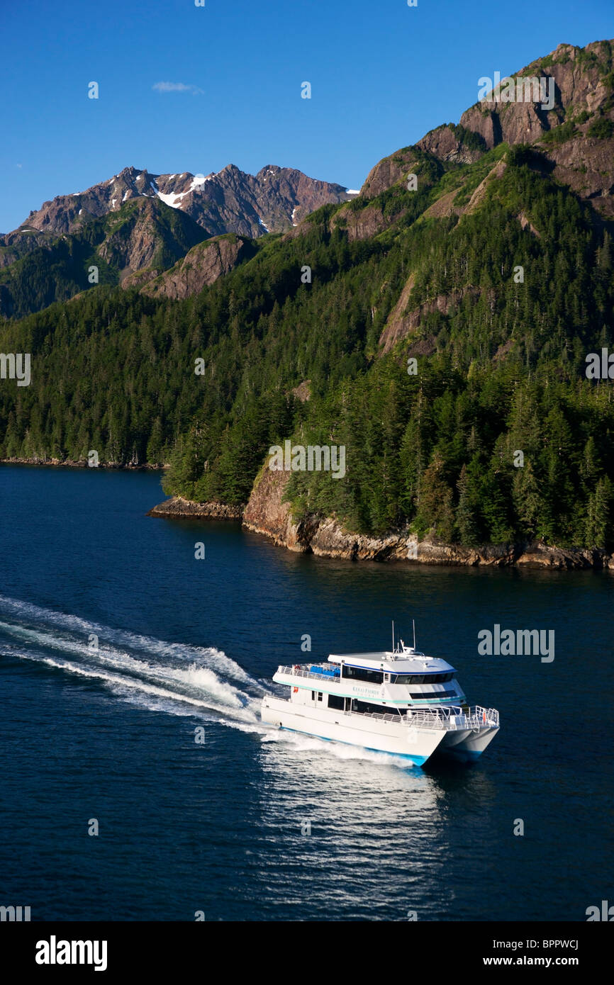 Aerial Kenai Fjords Tour boat, Kenai Fjords National Park Seward, Alaska. Stock Photo