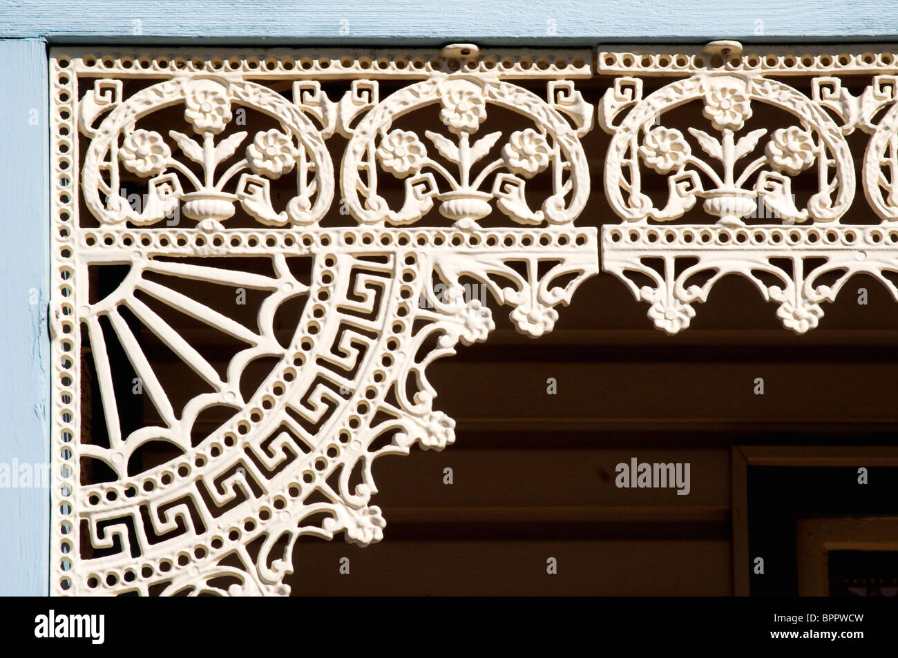 Victorian-era wrought iron lacework on cottages in Yarraville, Melbourne Stock Photo
