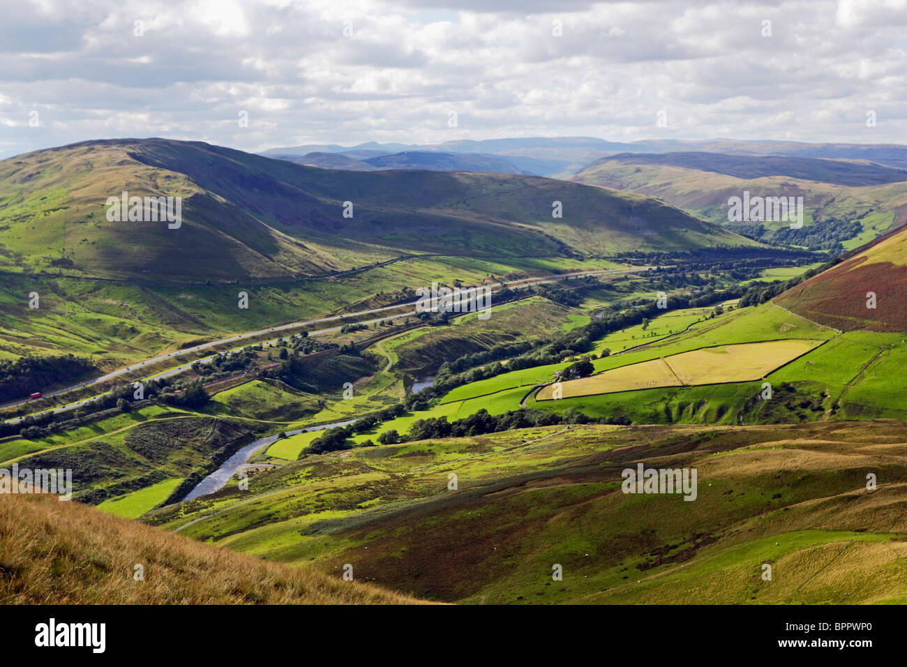 The River Lune and Carlingill in the Howgills from Linghaw in the Yorkshire Dales National Park, Cumbria, England. Stock Photo