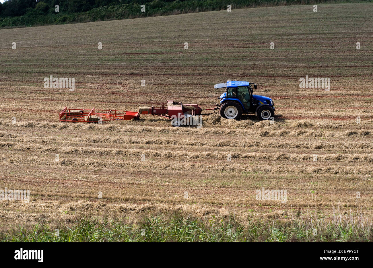 Farmer bailing the hay crop on a slope using older style equipment in ...
