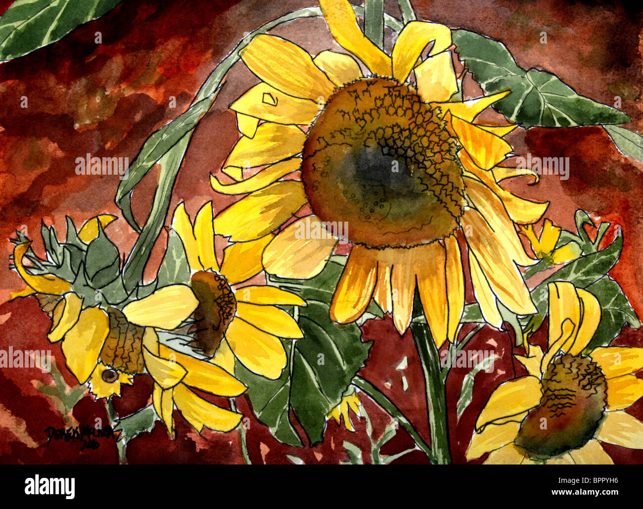 Sunflowers Watercolor Painting Country Folk Art Stock Photo - Alamy
