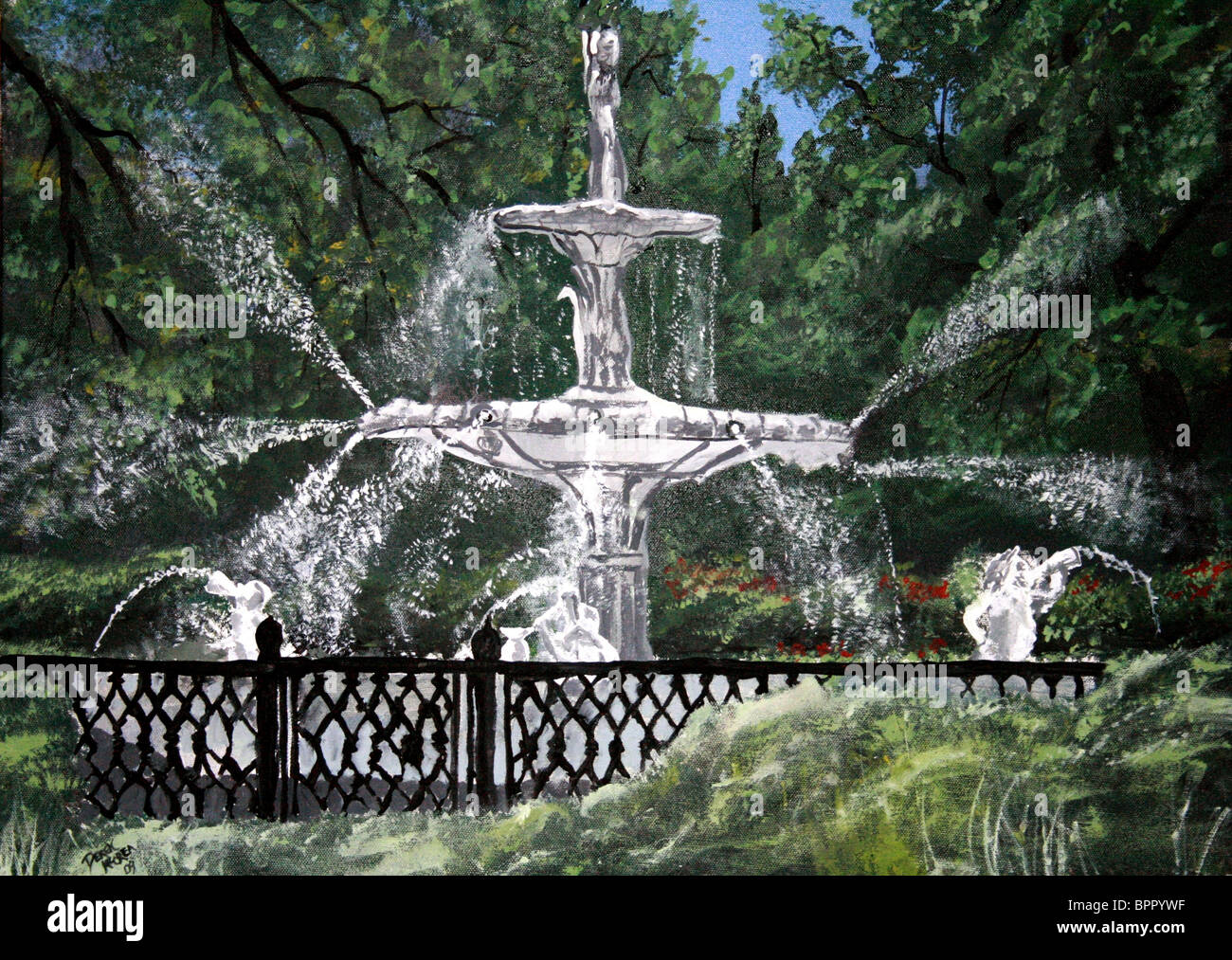 Forsyth fountain Savannah Georgia GA water fountains Forsythe park oil painting on canvas Stock Photo