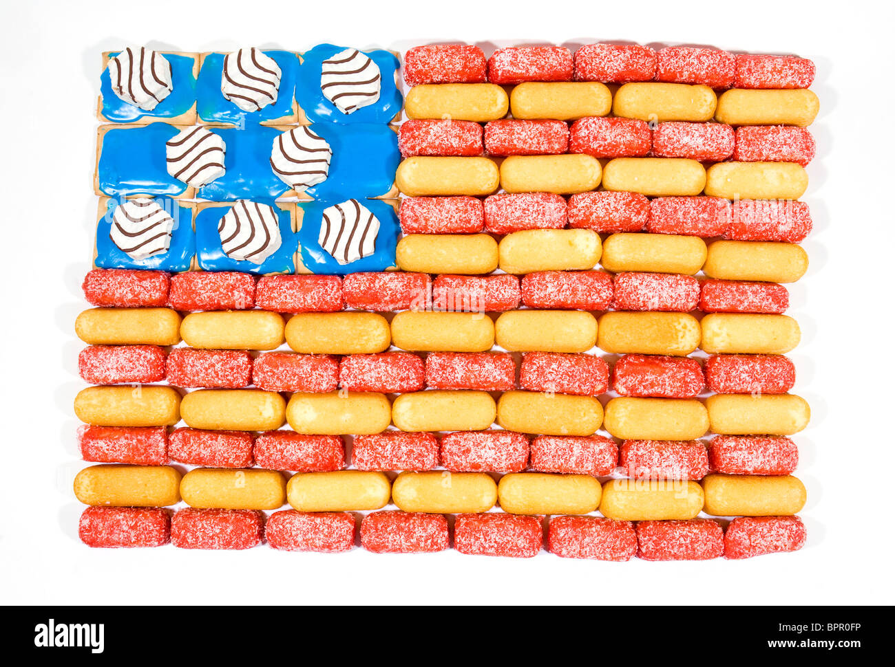 A American Flag made of junk food items including Twinkies, Zingers and Pop Tarts.  Stock Photo
