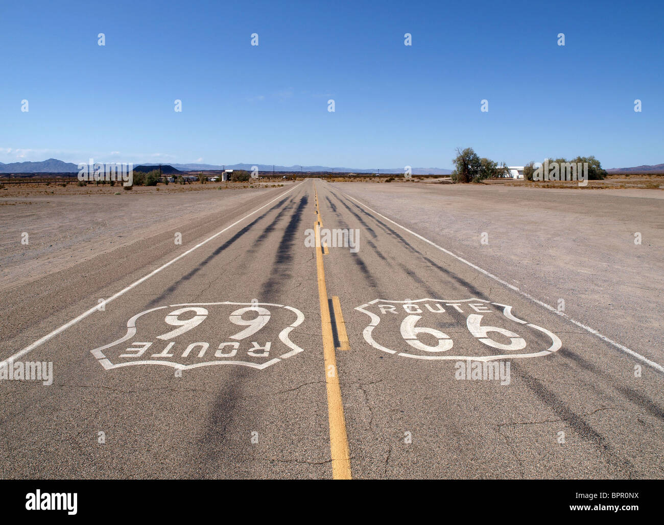 Lonely section of historic Route 66 in California's Mojave desert. Stock Photo