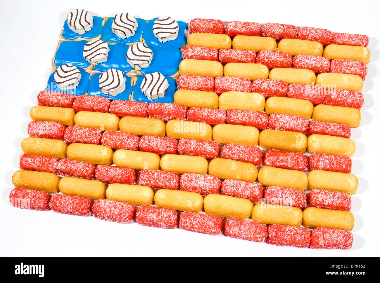 A American Flag made of junk food items including Twinkies, Zingers and Pop Tarts.  Stock Photo