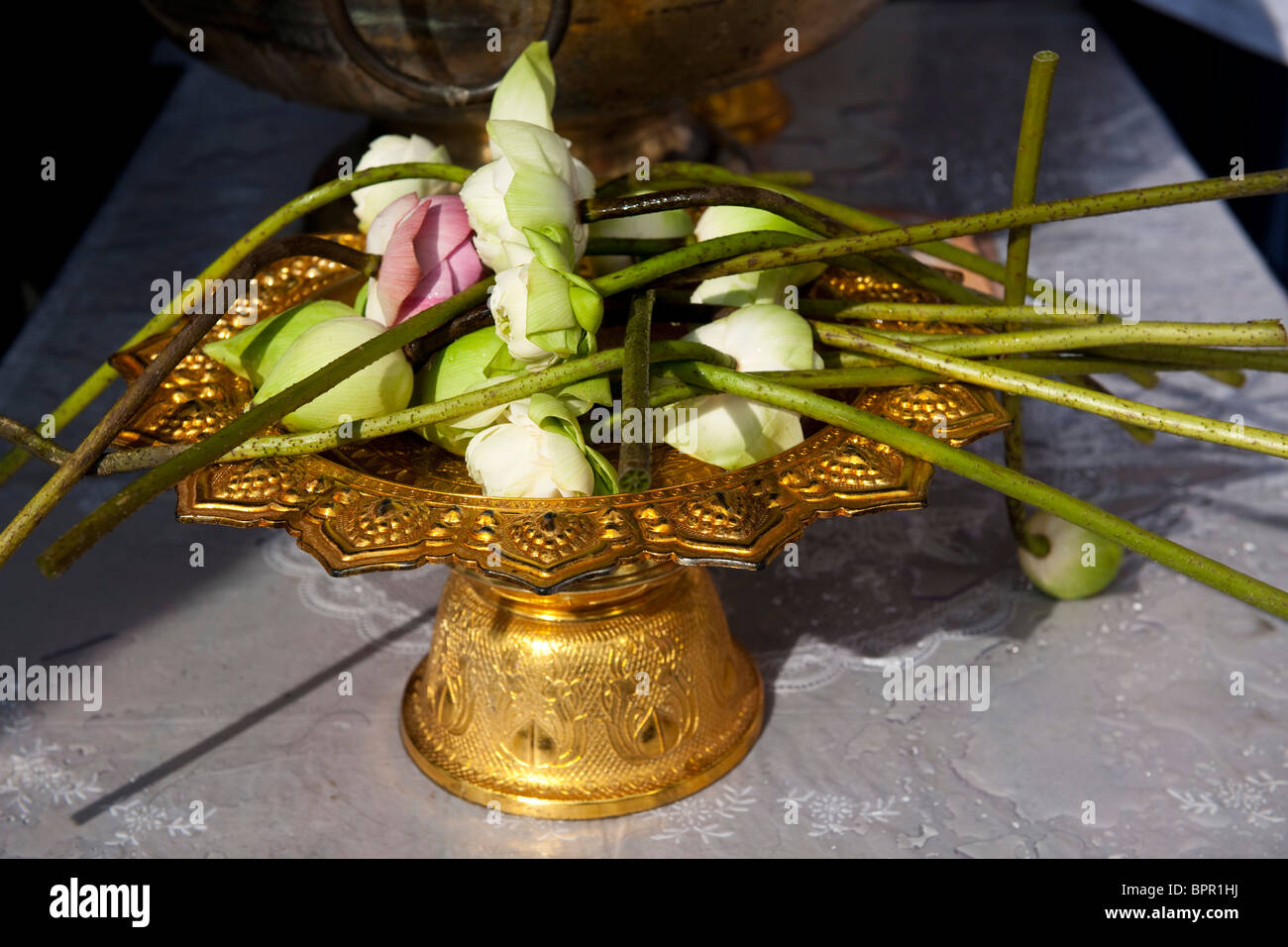 Flowers for worship, Wat Phra Kaeo, Grand Palace, Bangkok, Thailand Stock Photo