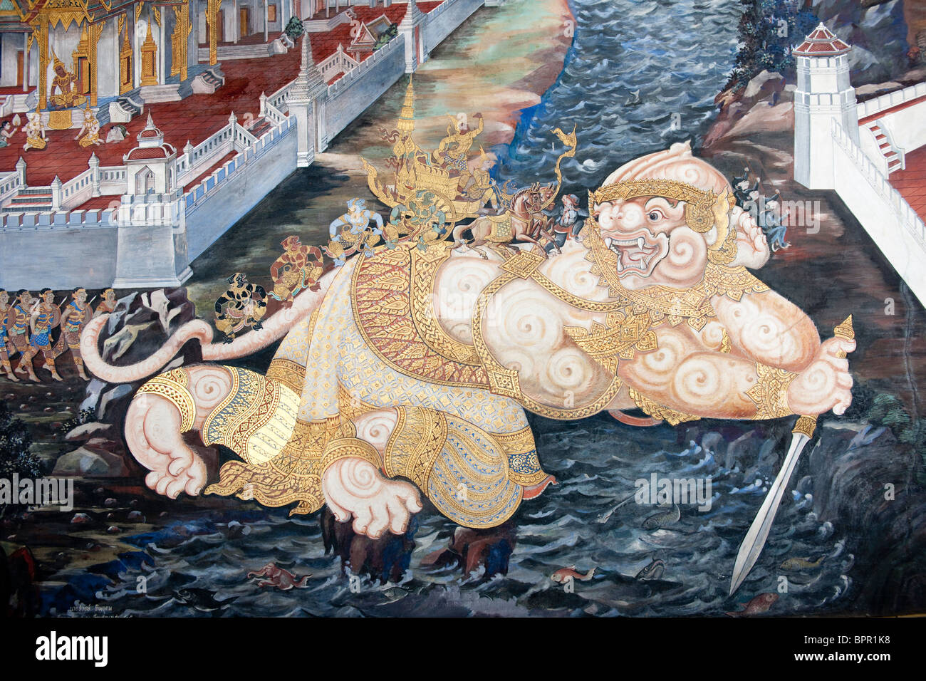 Mural in the gallery on the grounds of the Royal Monastery,  Wat Phra Kaeo, Grand Palace, Bangkok, Thailand Stock Photo