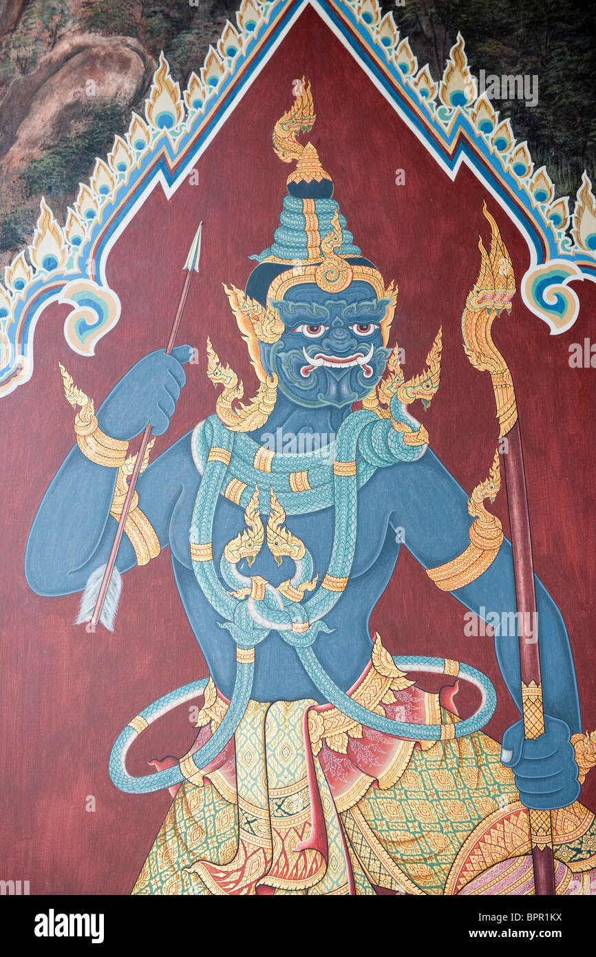 Mural in the gallery on the grounds of the Royal Monastery,  Wat Phra Kaeo, Grand Palace, Bangkok, Thailand Stock Photo