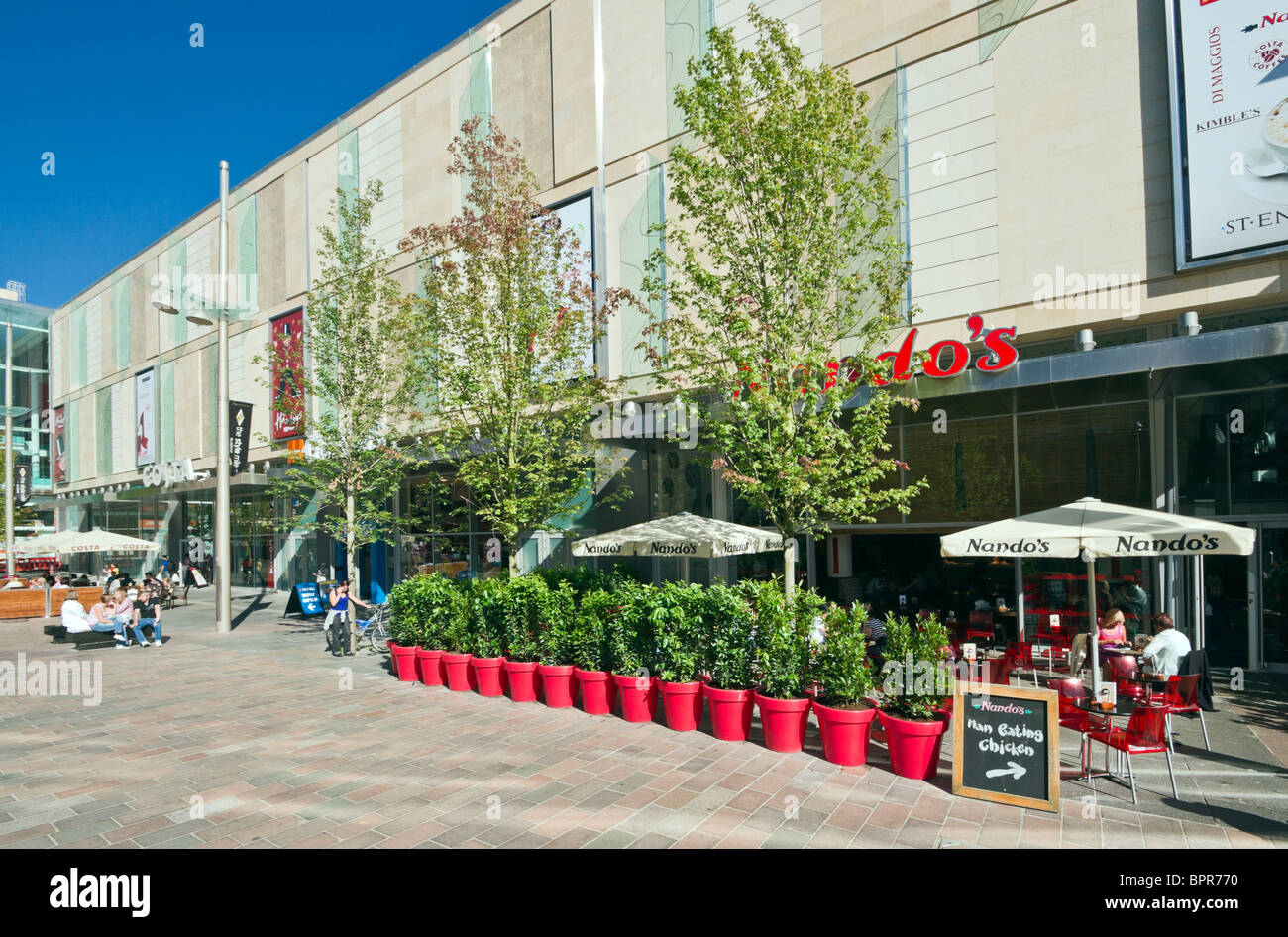 Cafe culture at West facade of rebuilt St. Enoch Centre in Glasgow Scotland Stock Photo