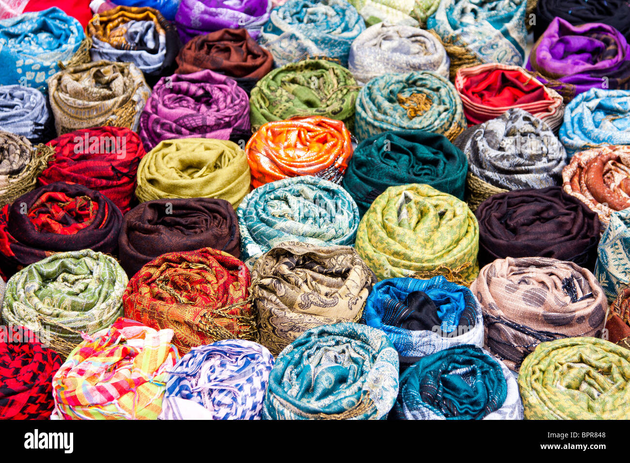 Colorful scarves on sale. Stock Photo