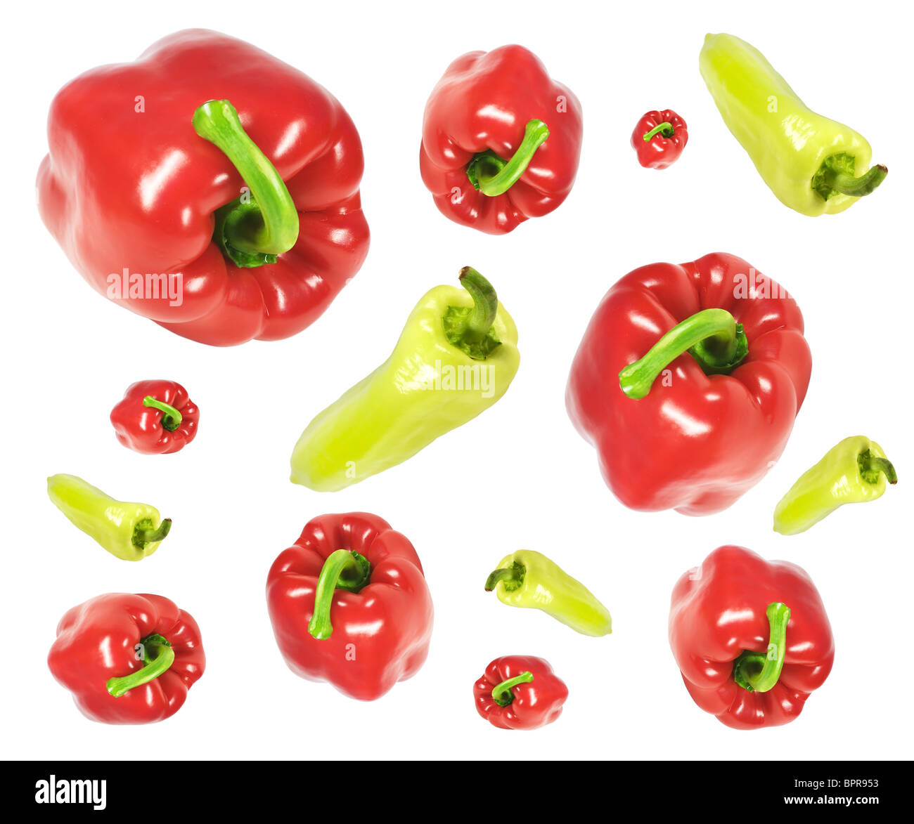 Red & green peppers isolated on white. Stock Photo
