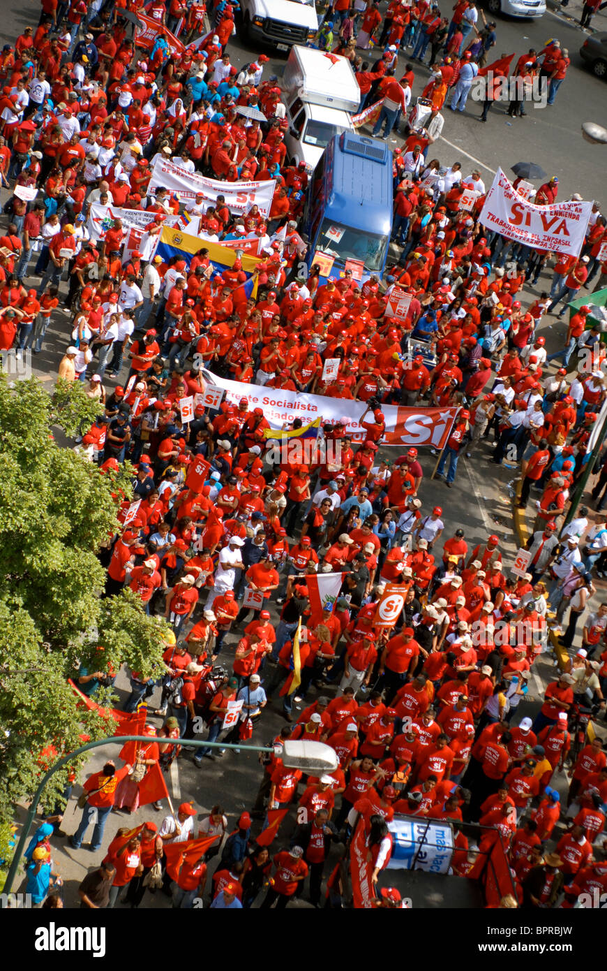 Supporters rally in the streets for the end of presidential term limits in Caracas, Venezuela. Stock Photo