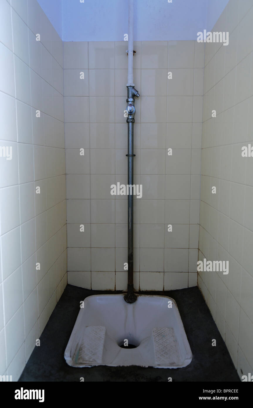 Traditional French toilet a hole in the ground with two platforms for