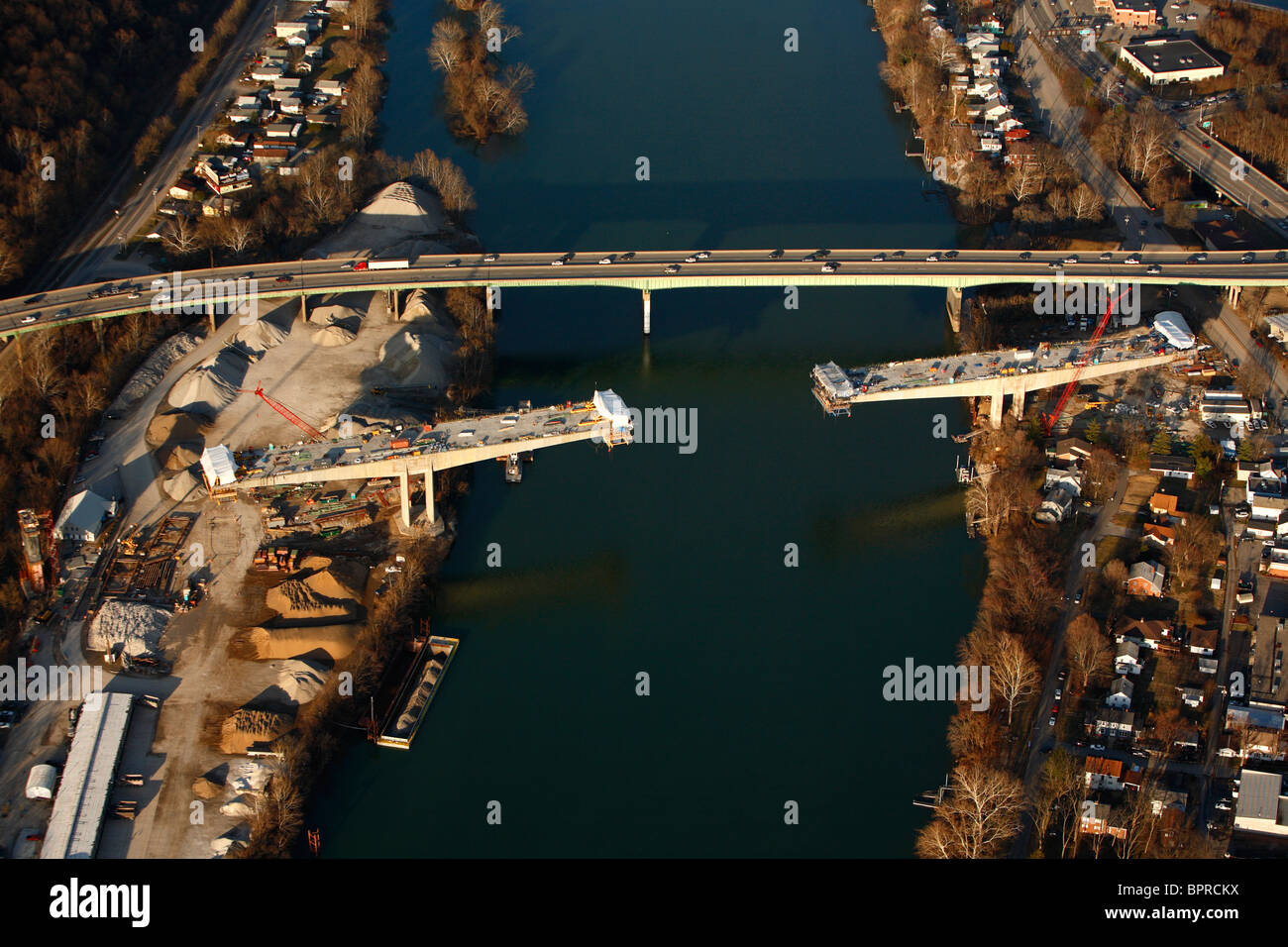 Aerial view of the new I64 bridge under construction over the Kanawha
