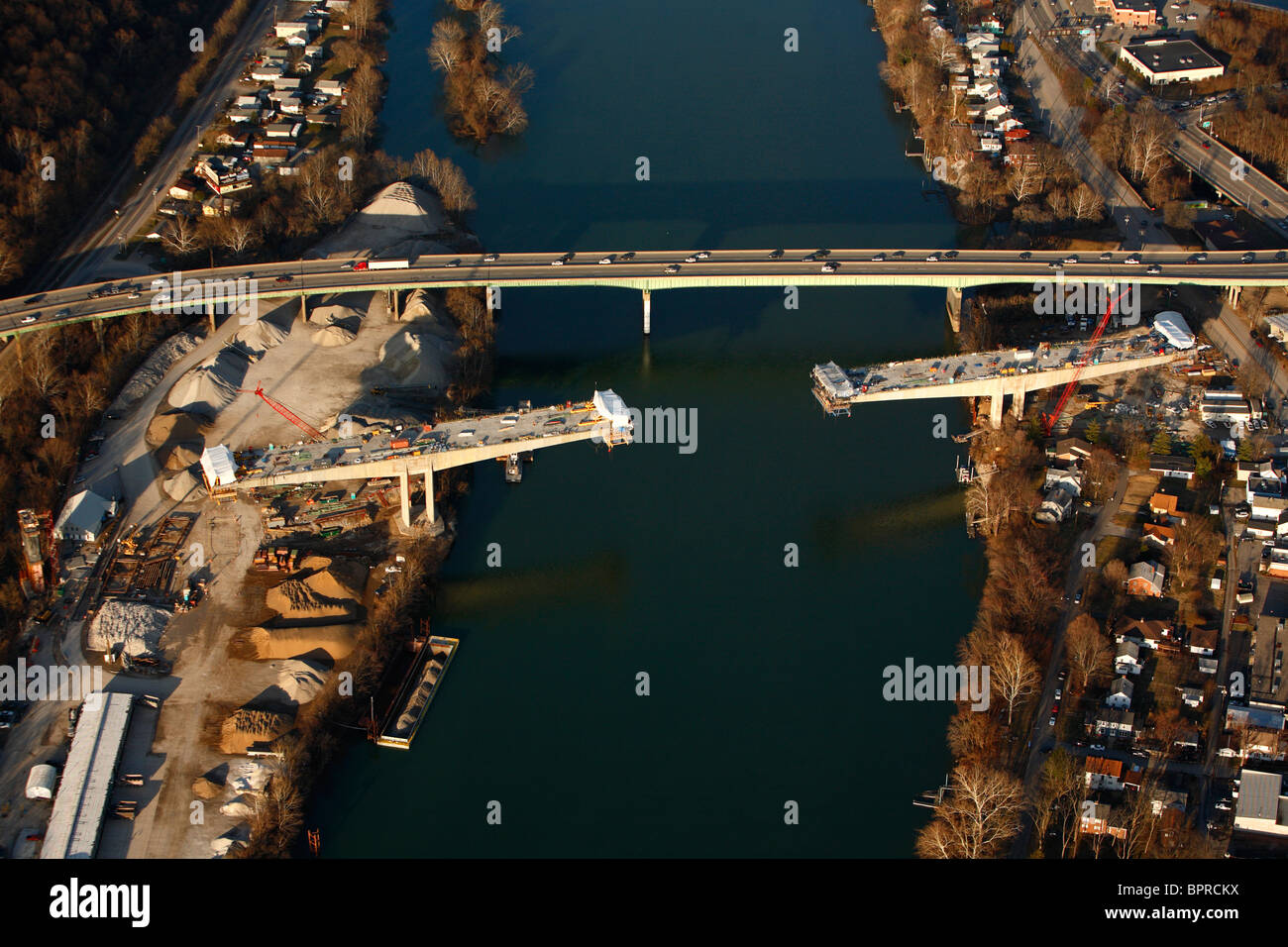 Aerial view of the new I64 bridge under construction over the Kanawha River in downtown Charleston, WV. Stock Photo