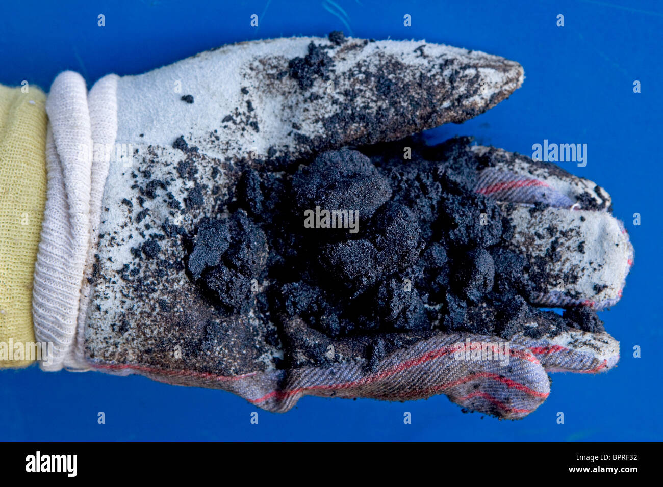 worker holding oil sands, Suncor Facility, north of Fort McMurray, Alberta, Canada. Stock Photo