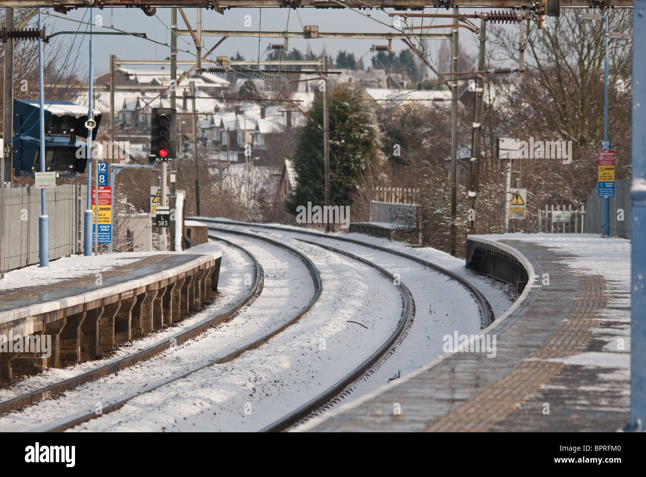 Rail travel suspended at Rayleigh Station due to snow causing problems between London and Southend UK Stock Photo
