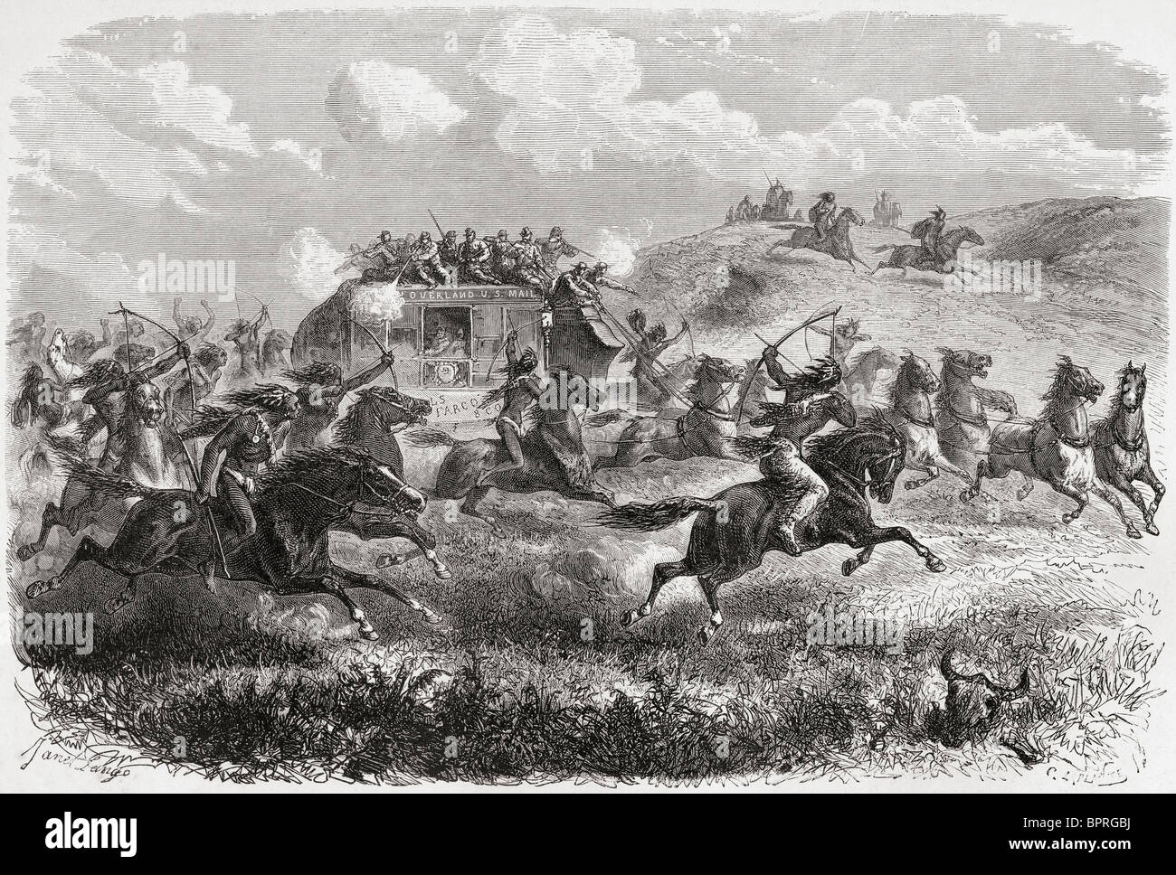 Indians attacking a transcontinental stagecoach in 1867. Stock Photo