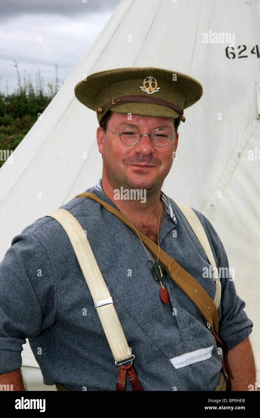Male reenactment group soldier wearing the uniform of a WW1British Army infantryman Stock Photo