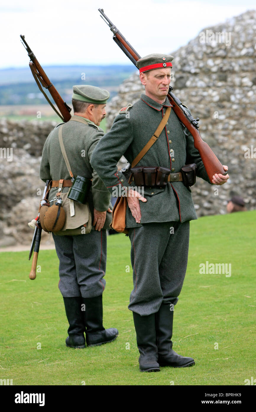 Male reenactment group soldiers wearing the uniform of a WW1German Imperial Army infantryman Stock Photo