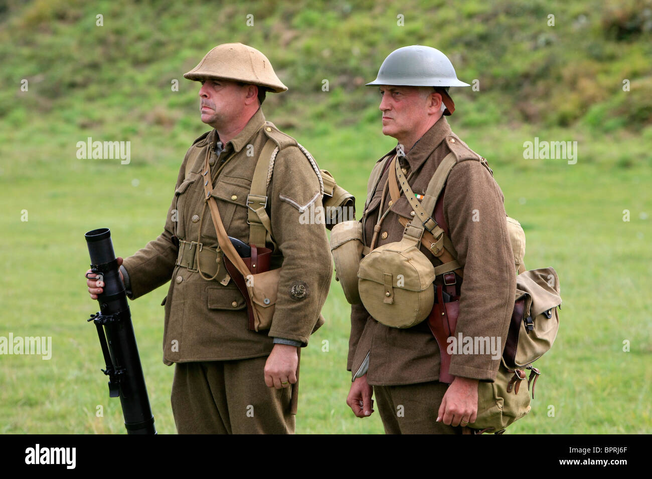 Two WW1 re-enactment duo acting out the part as a Lewis machine gun unit in the British Infantry Stock Photo