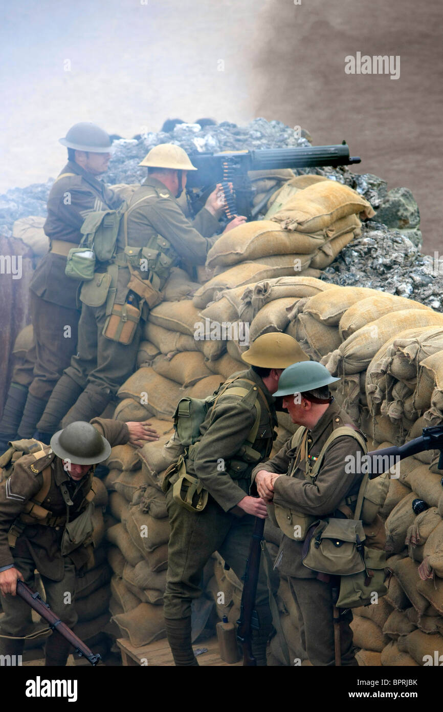 Recreation of life on the Western Front in the WW1 by a British War reenactment group Stock Photo