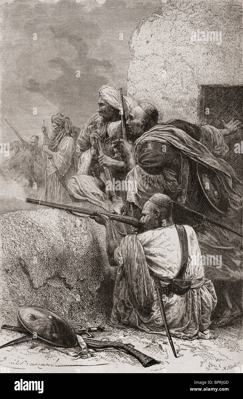 Northern Afghan rebels fighting the British in the mountains of Hazara, Pakistan during British rule in the late 19th century Stock Photo