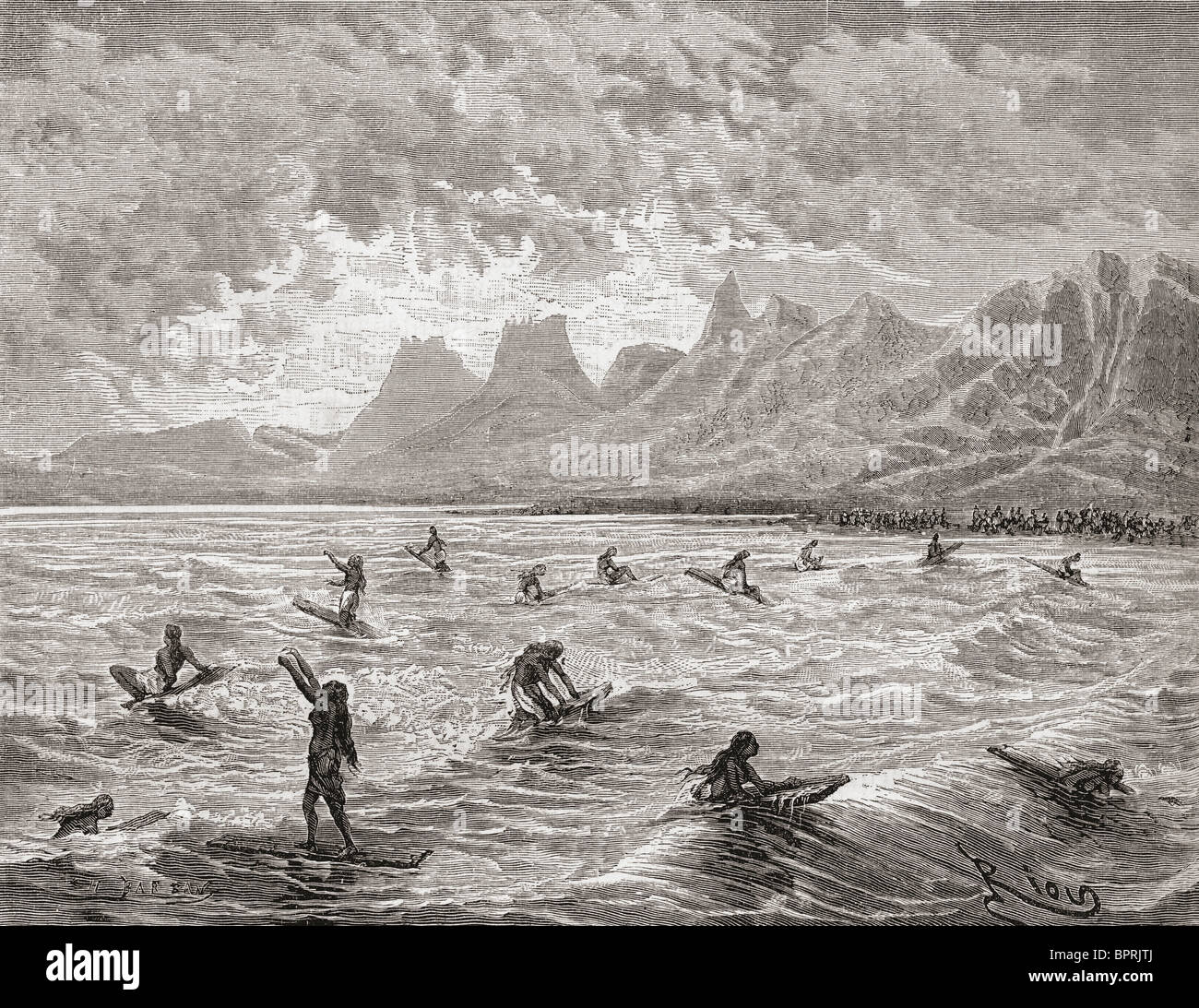 Hawaiians surfing in the 19th century. Stock Photo