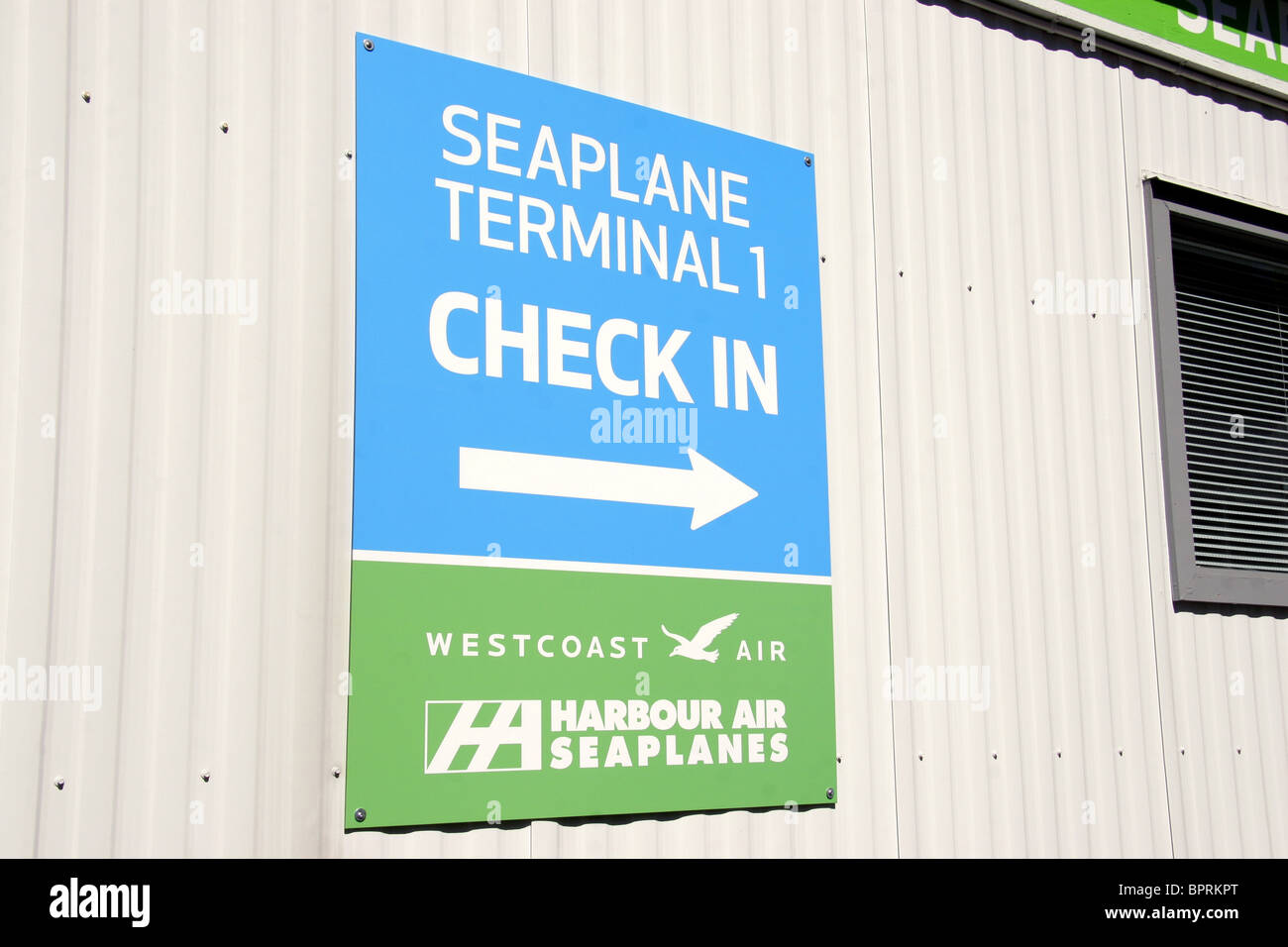 Seaplane Terminal check in sign, Vancouver, British Columbia, Canada Stock Photo