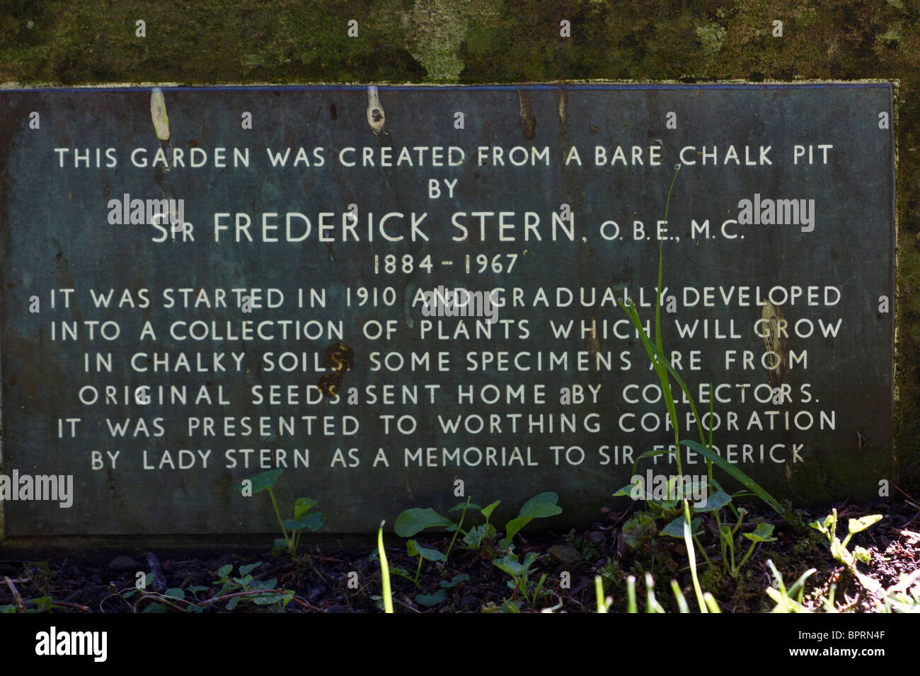 Memorial plaque to Sir Frederick Stern. Highdown Gardens, Worthing, West Sussex, UK Stock Photo