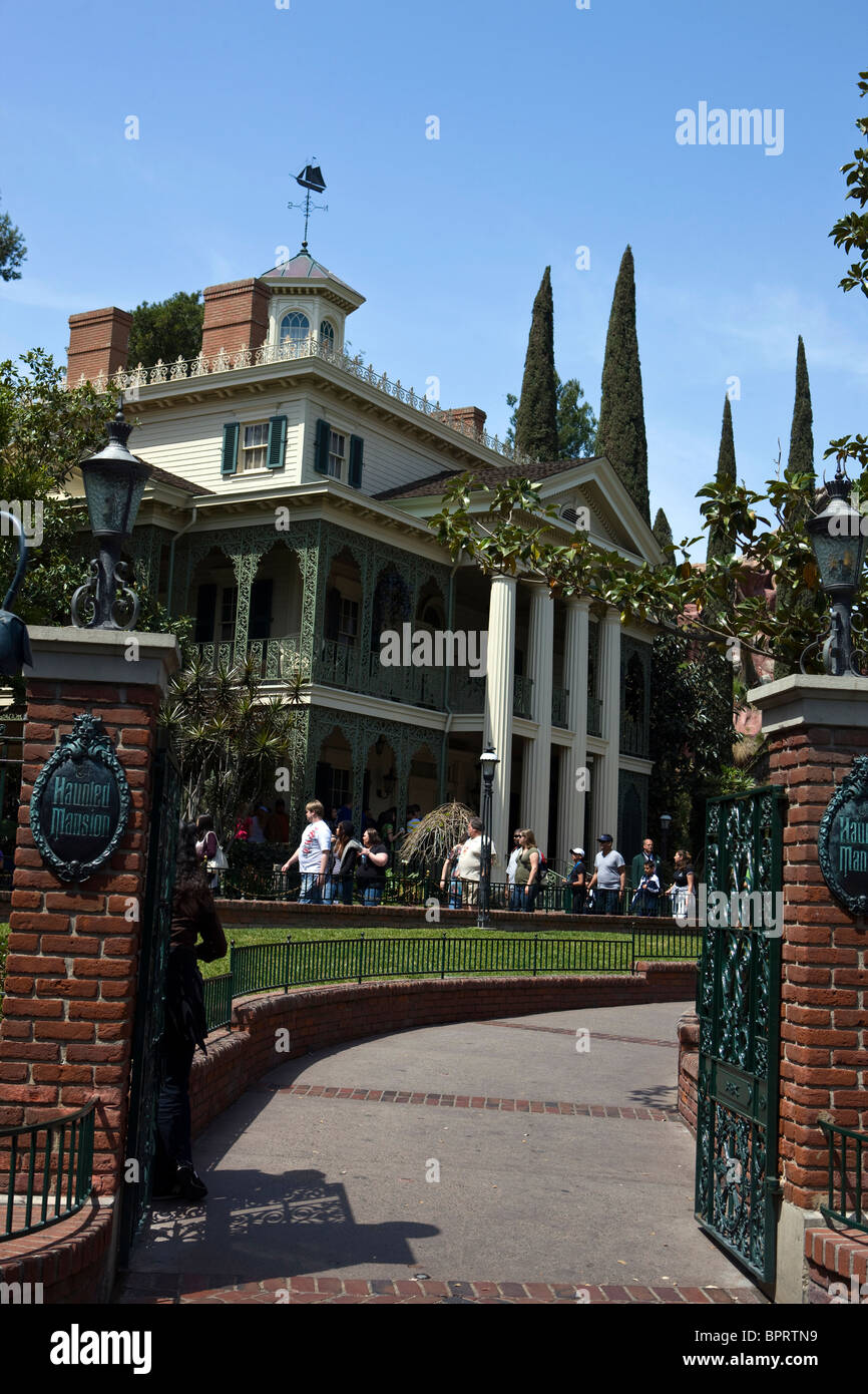 Gates open to the Haunted Mansion attraction at Disneyland Resort, Anaheim, California, United States of America. Stock Photo
