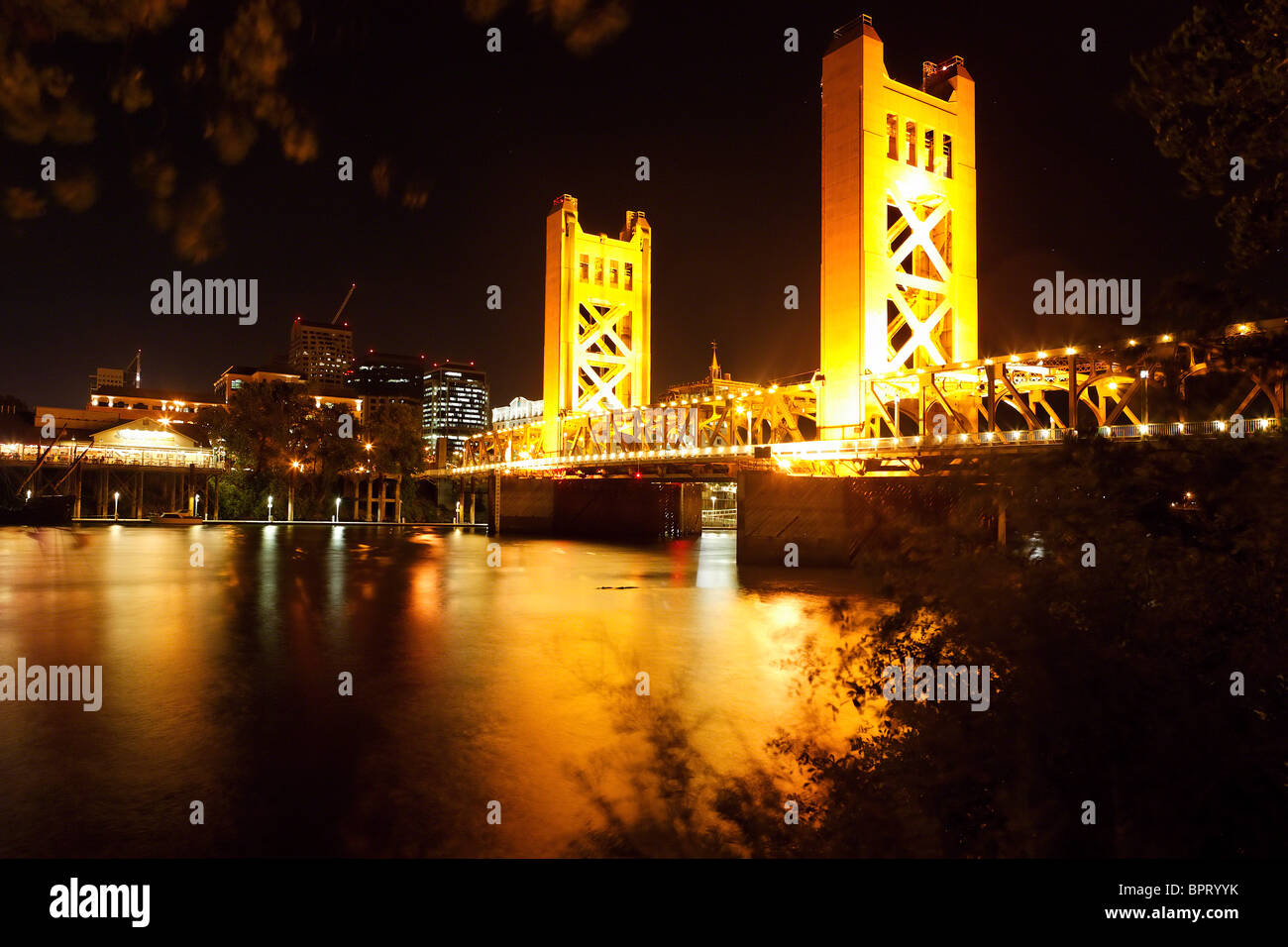 The Tower Bridge of Sacramento at Night, California Stock Photo