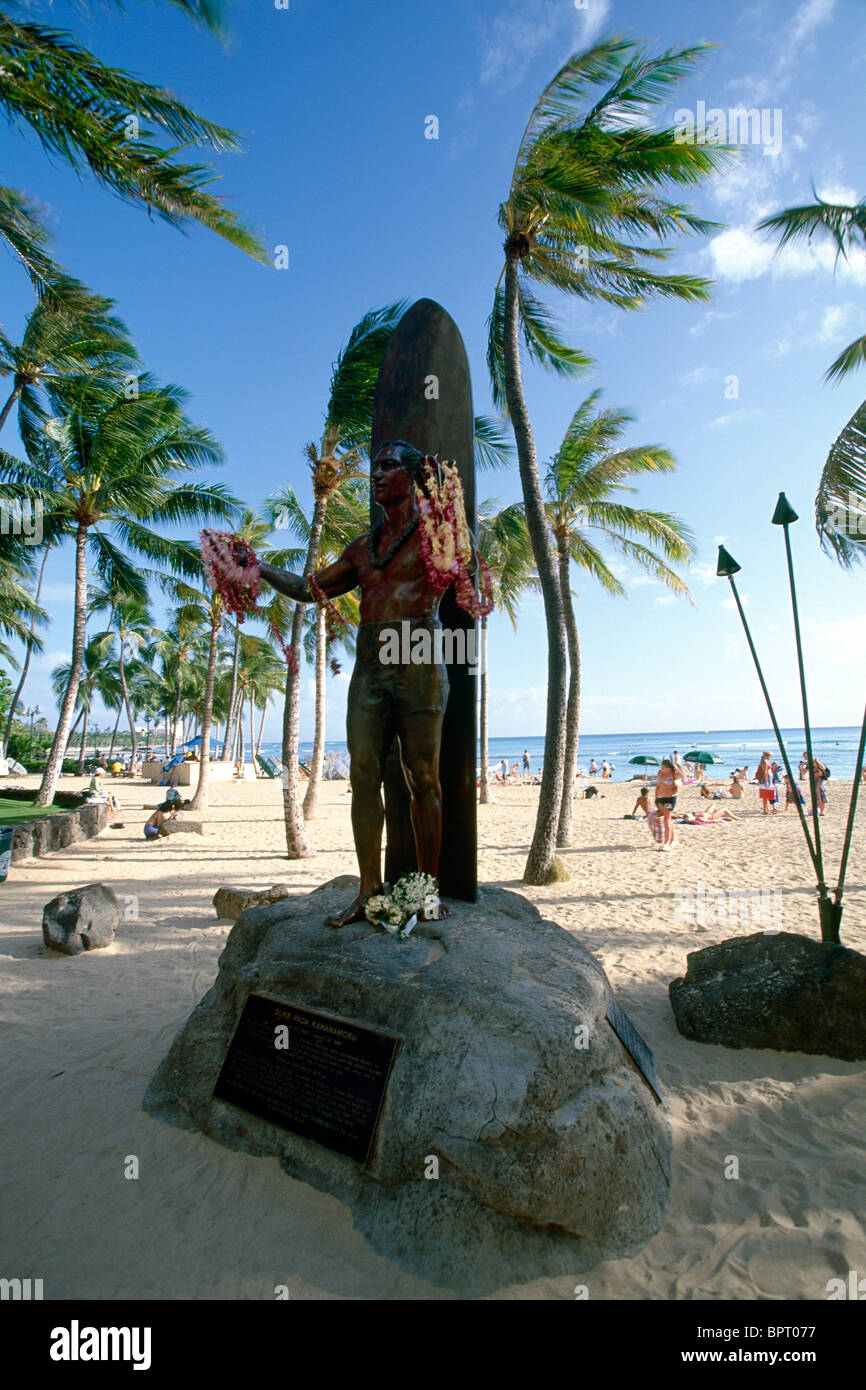 The Statue of Duke Kahanamoku at Waikiki Beach, Oahu, Hawaii Stock Photo