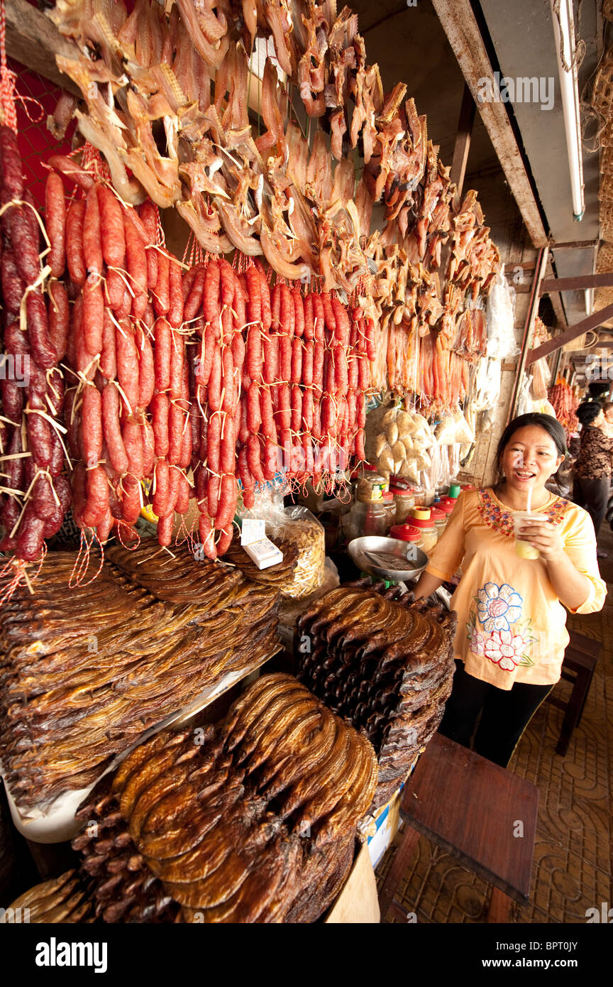 Dried meat and fish for sale in the market, Siem Reap, Cambodia Stock