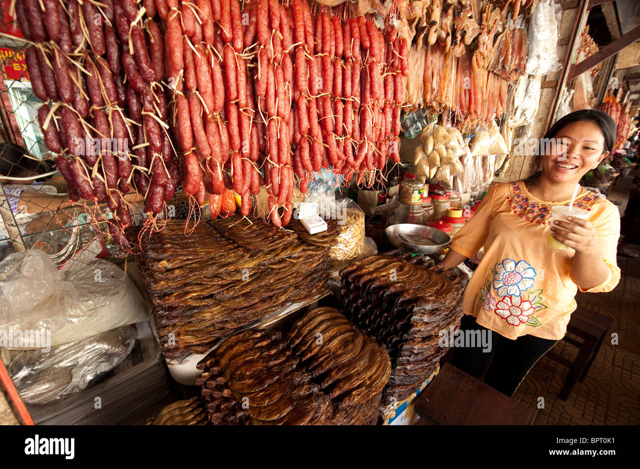 Dried meat and fish for sale in the market, Siem Reap, Cambodia Stock