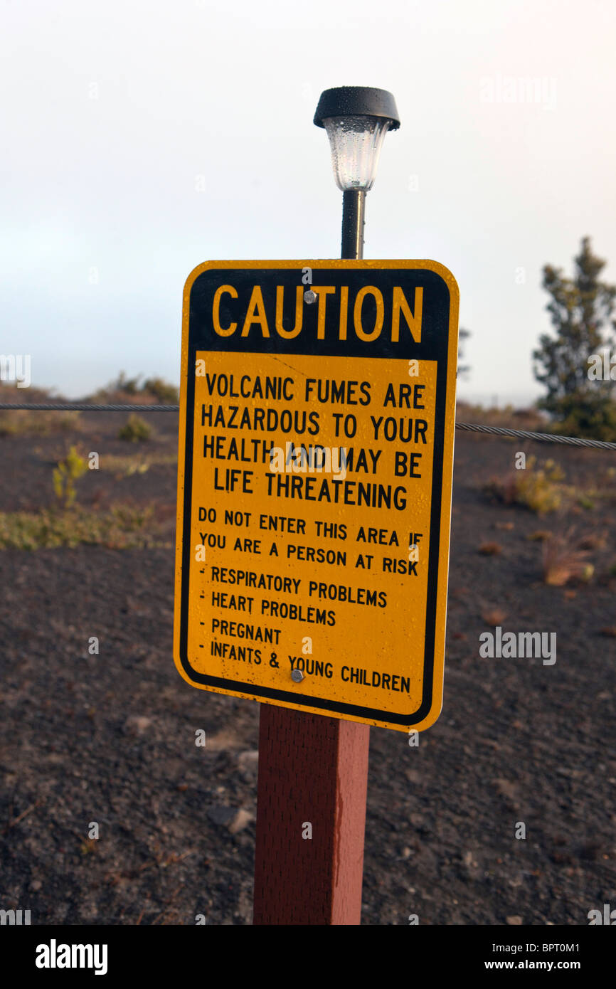 Warning sign about the danger of volcanic fumes, Hawaii Volcanoes National Park,The Big Island, Hawaii, United States of America Stock Photo