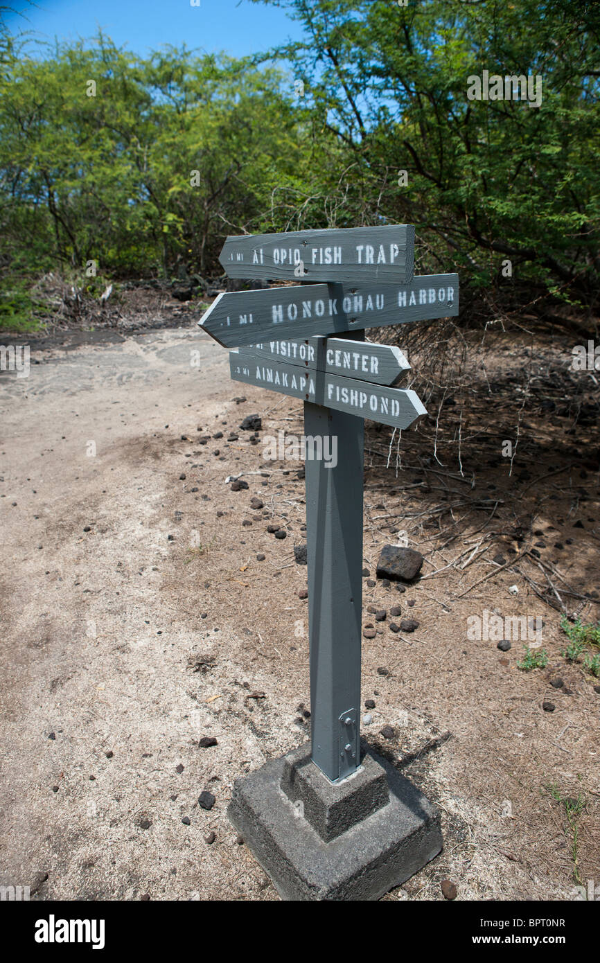 Directional signs, Kaloko-Honokohau National Historical Park, The Big Island, Hawaii, United States of America Stock Photo