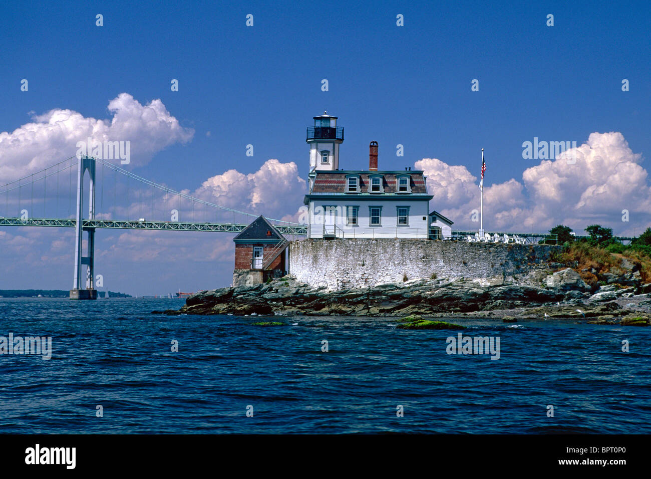 Low Angle View of the Rose Island Lighthouse, Newport, Rhode Island Stock Photo