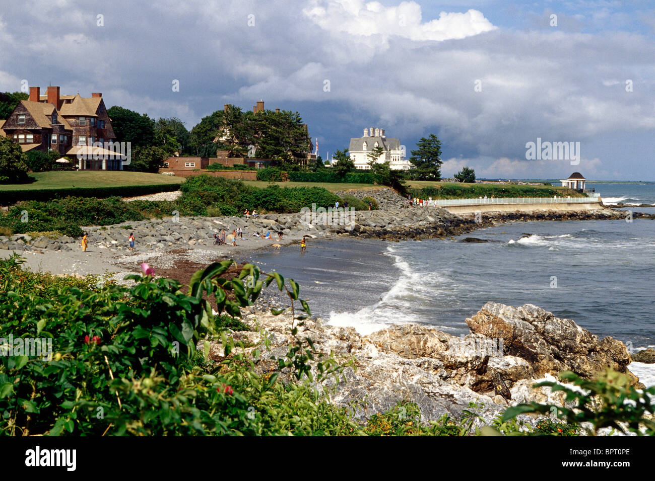 View of the Cliff Walk Trail with Coastal Mansions and Beach, Newport, Rhode Island Stock Photo
