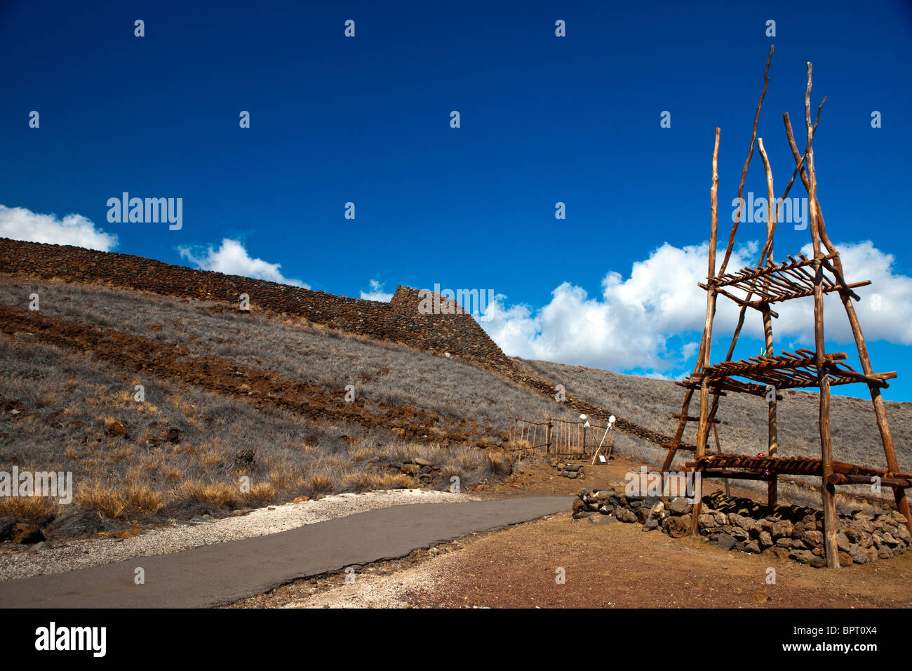 Wooden stand outside of temple, Pu'ujohola Heiau National Historic Site, The Big Island, Hawaii, United States of America Stock Photo