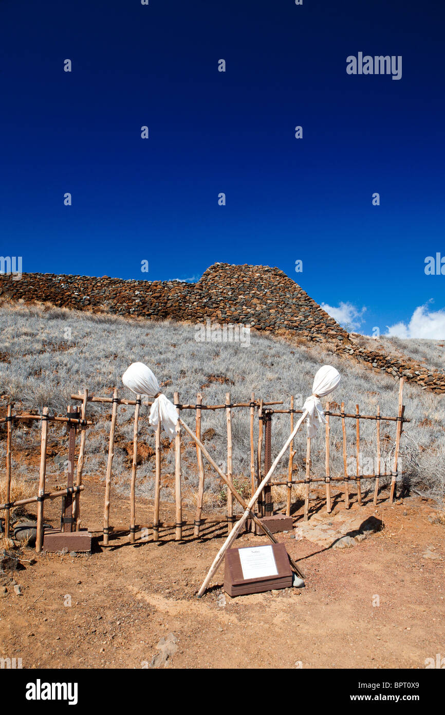 Closed wooden gate up to temple, Pu'ujohola Heiau National Historic Site, The Big Island, Hawaii, United States of America Stock Photo
