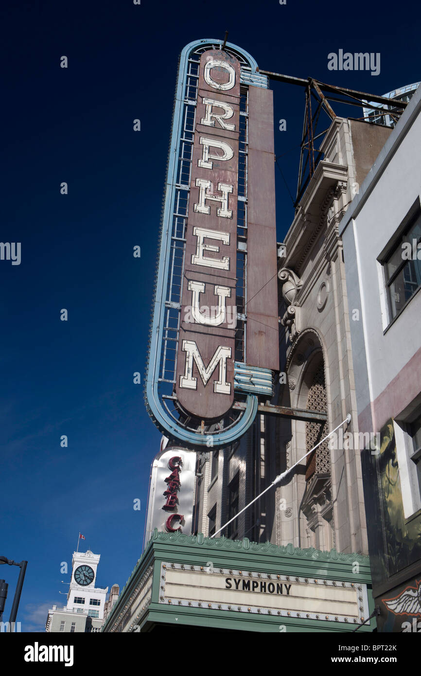 The Orpheum theatre marque sign, Granville Street, Vancouver, British Columbia, Canada Stock Photo