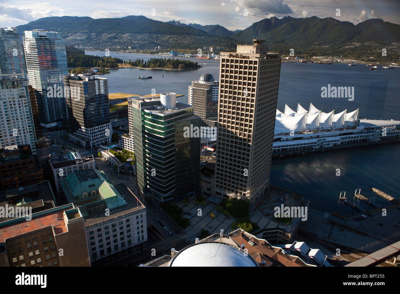 Aerial view of downtown Vancouver, Canada Place and North Shore, British Columbia, Canada Stock Photo